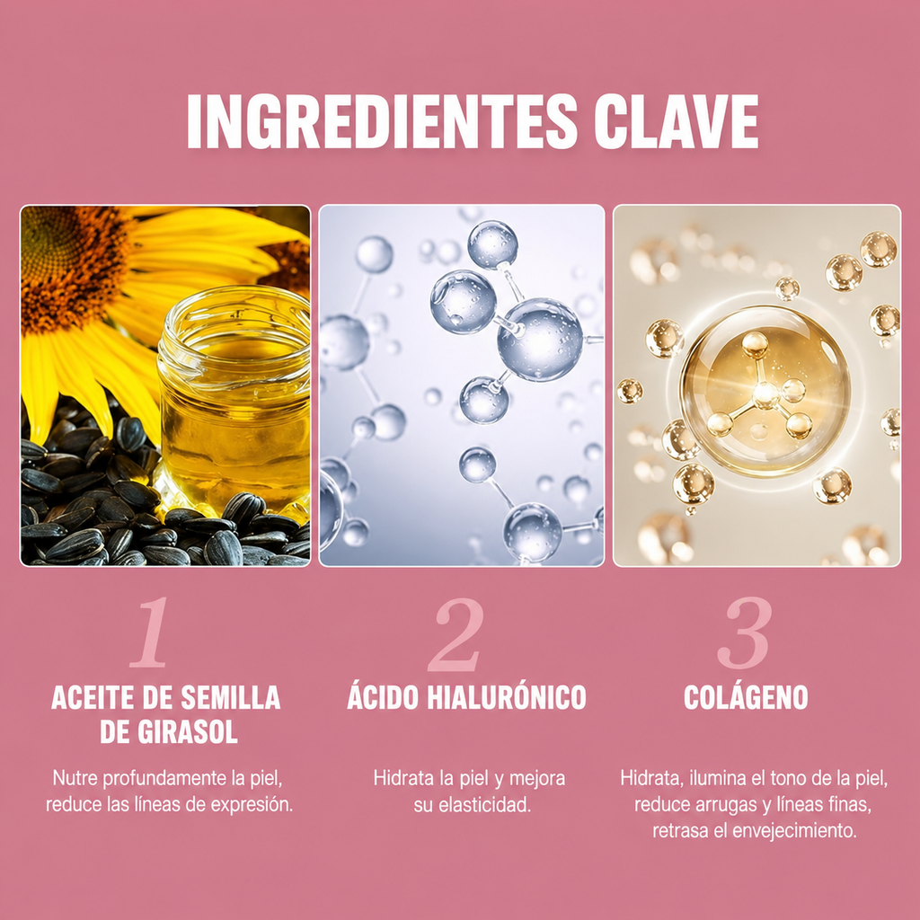 Ingredientes del bálsamo antiarrugas VITALIS: colágeno, ácido hialurónico y aceite de semilla de girasol