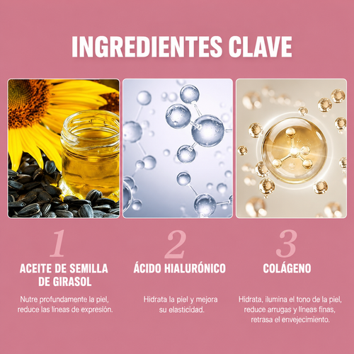 Ingredientes del bálsamo antiarrugas VITALIS: colágeno, ácido hialurónico y aceite de semilla de girasol