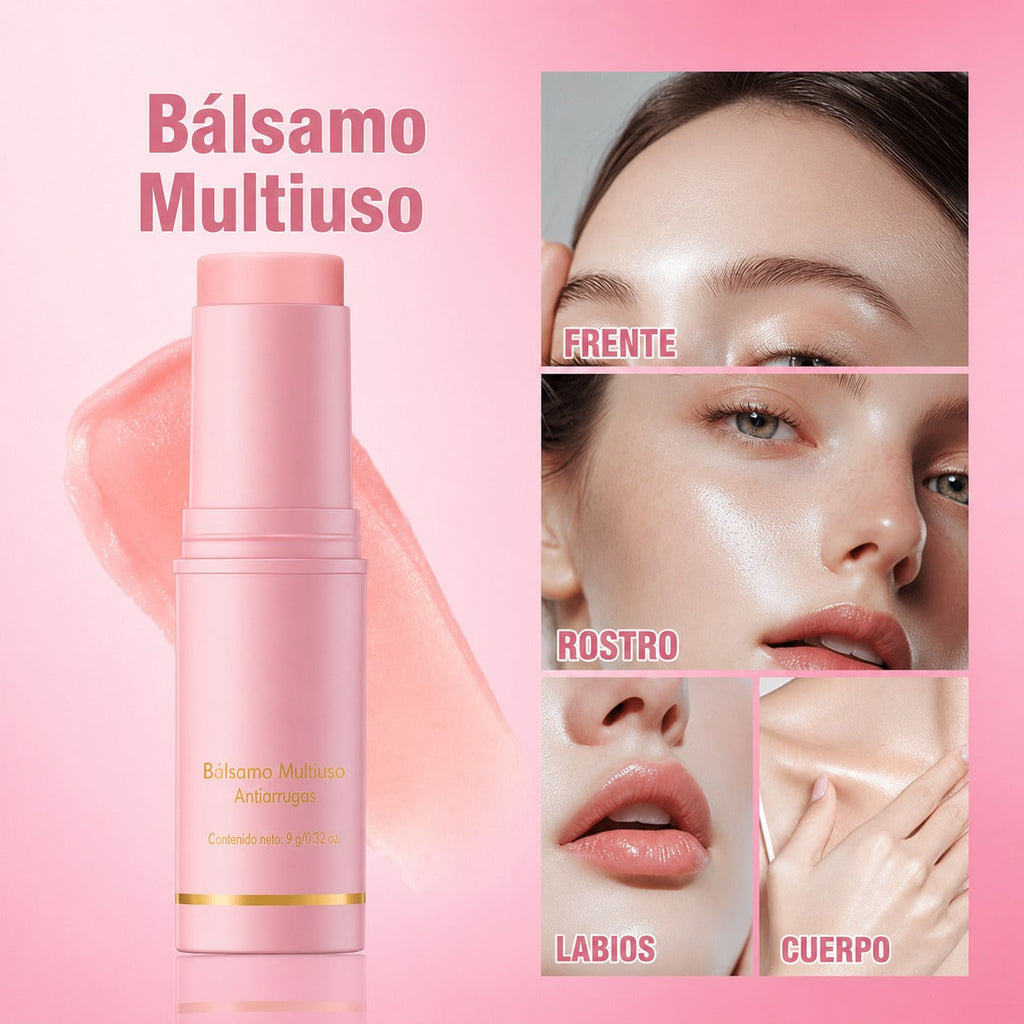 Bálsamo antiarrugas de colágeno VITALIS aplicado en frente, rostro, labios y cuerpo – hidratación multizona